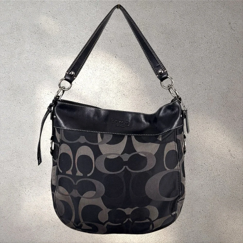 Coach Zoe Signature Hobo Bag Black Gray Monogram Canvas Leather Trim F14710